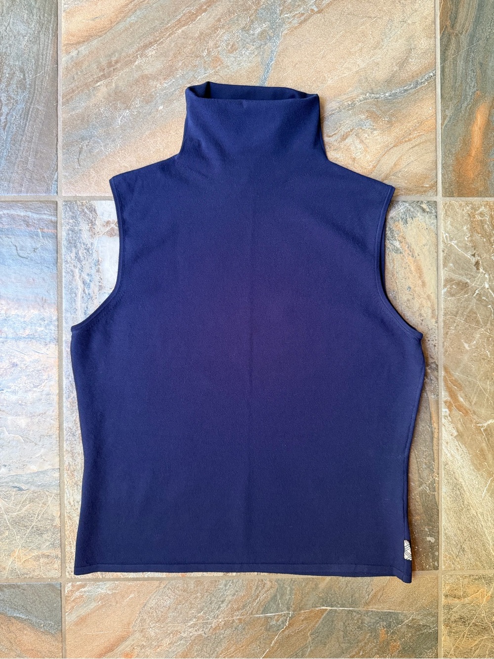 Burberry London Made in Italy Navy Knit Sleeveless Turtleneck Shell Top Large L